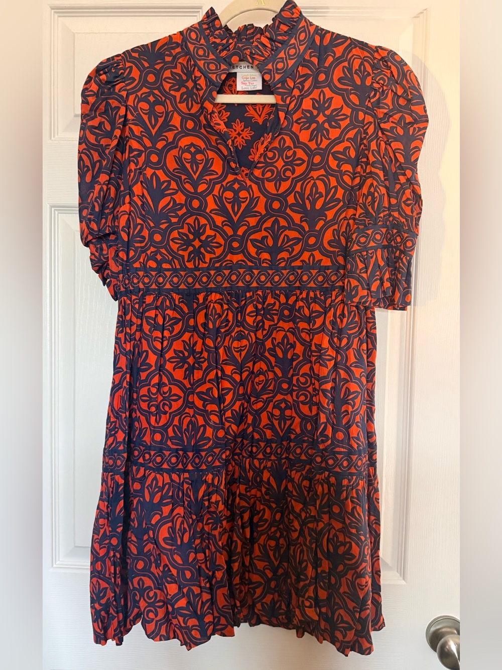 Gretchen Scott Dresses Navy and Red Ornamental Print Dress